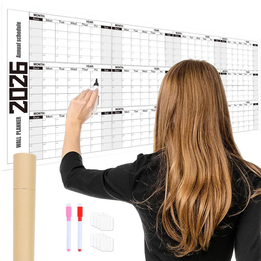 לוח שנה קיר 2026 אנגלי מחיק - מתכנן לוח זמנים סופר גדול עם עט