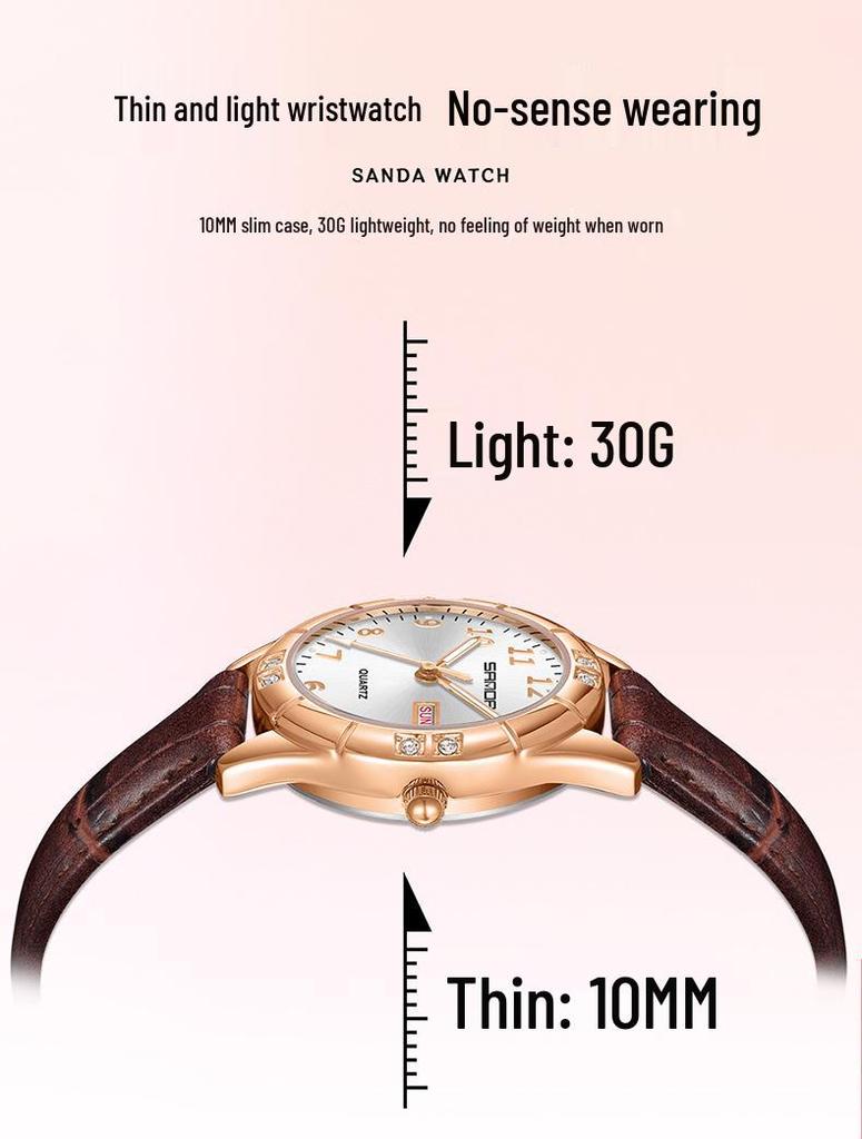 Sanda Junior High Student Retro Quartz Watch - Luminous, Dual Calendar, Waterproof, Sun Pattern, Fashionable Women's Style