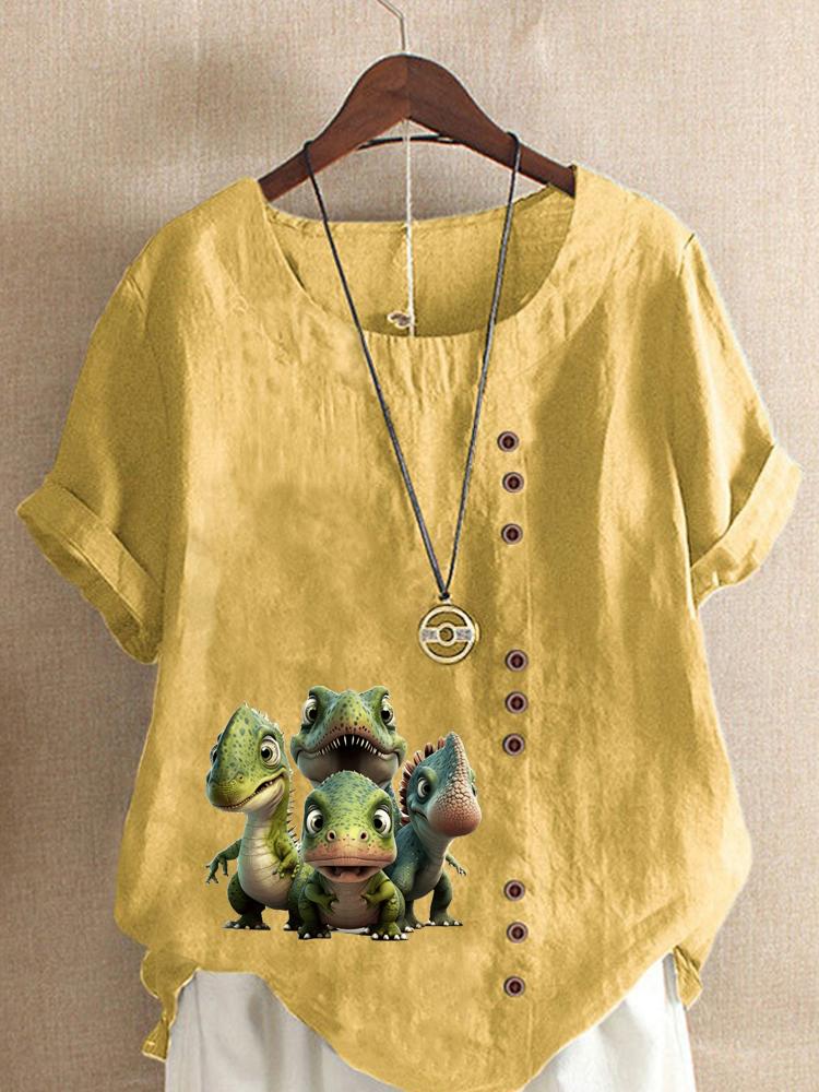 Women's Fashion Dinosaur Print Round Neck Short Sleeve T-shirt Casual Cotton Linen Graphic Shirt Leisure Loose Summer Blouse Tops