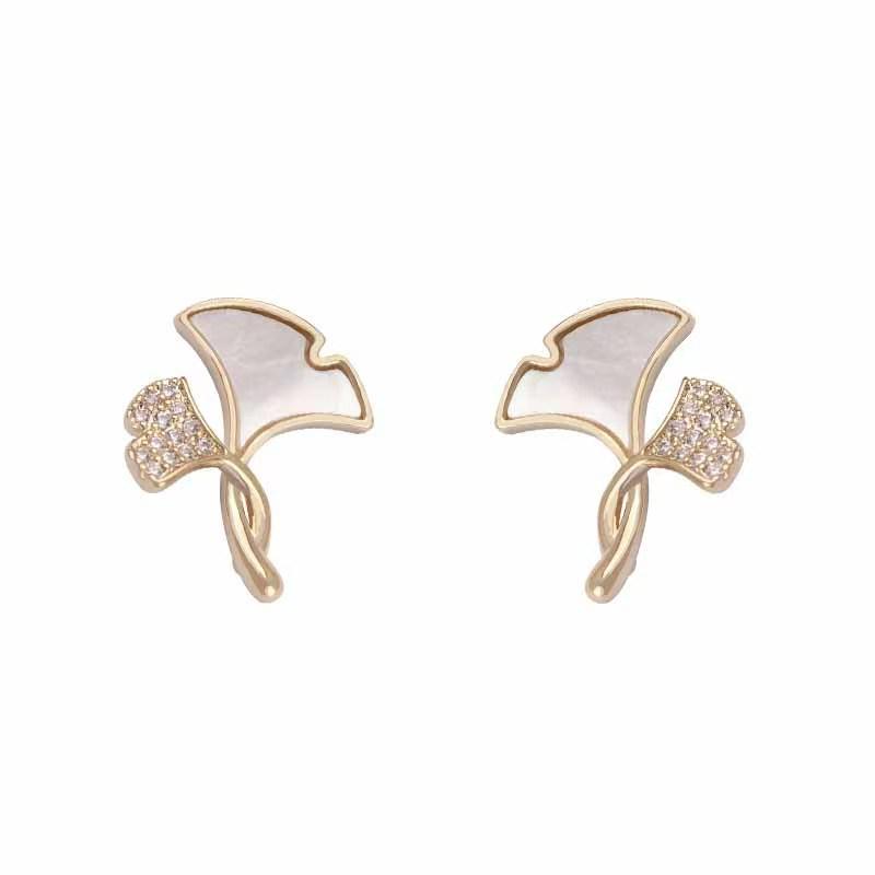 Ginkgo Leaf Micro-Inlaid Stud Earrings: Stylish Korean Jewelry for Women.