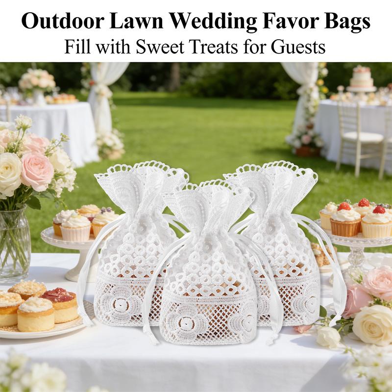 3pcs White Lace Drawstring Gift Bags Jewelry Bags for Wedding Favors Birthday Party Christmas Cookie Candy Snack Packaging Decor