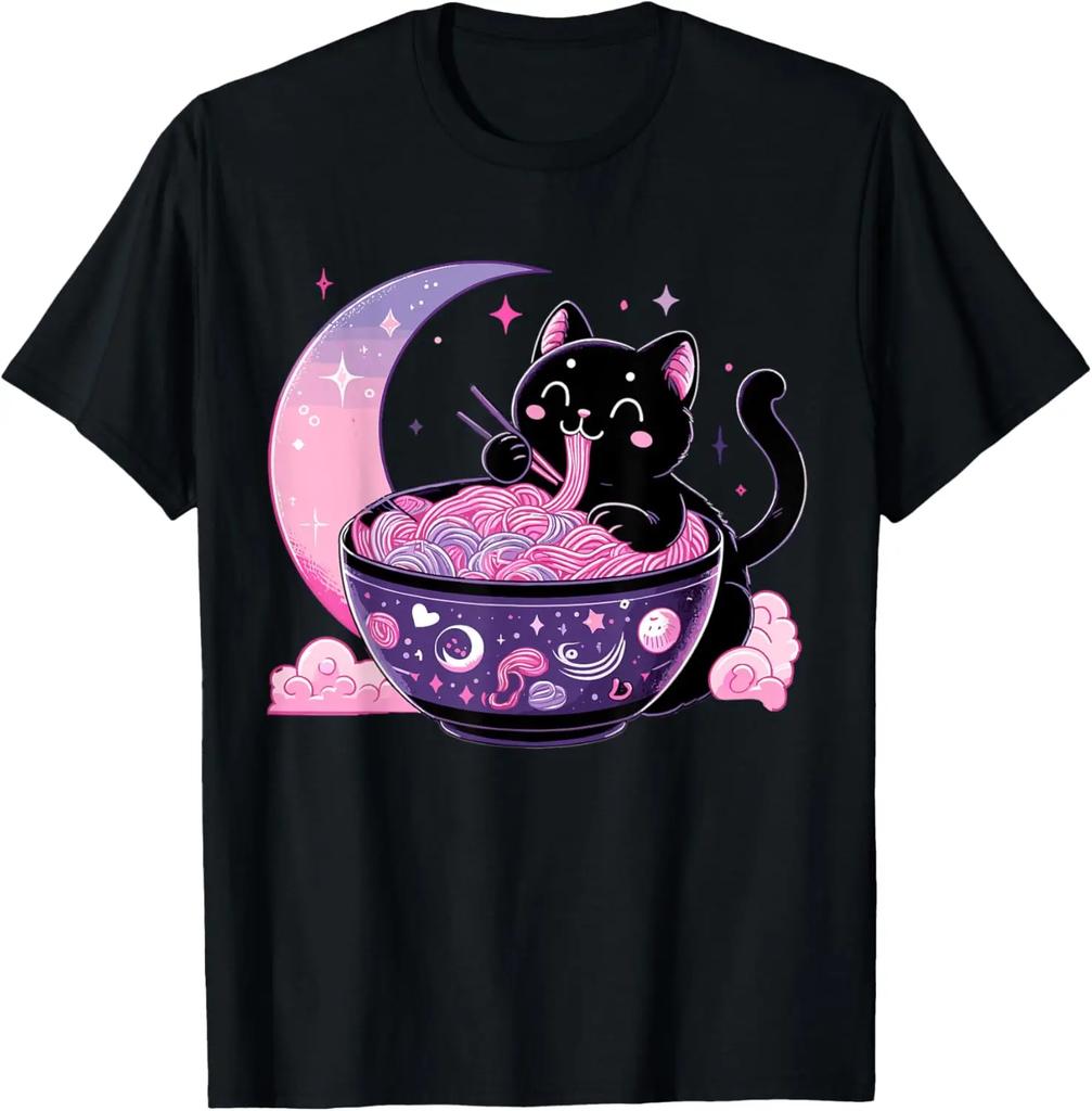 Kawaii Black Cat Eating Pink RaUnisex Moon Graphic TShirt Soft Cotton Round Neck