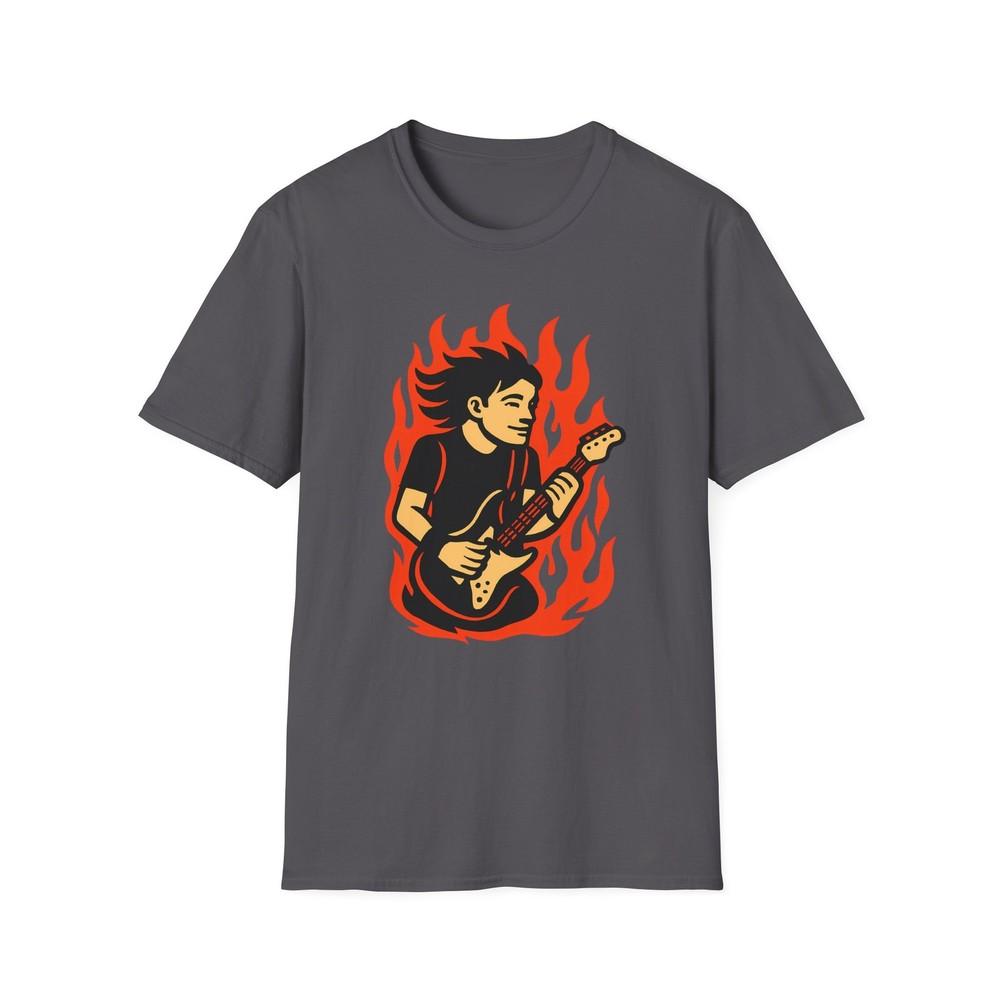 

Unisex Softstyle Flaming Guitarist T-Shirt - Rock Music and Fire Vibes M