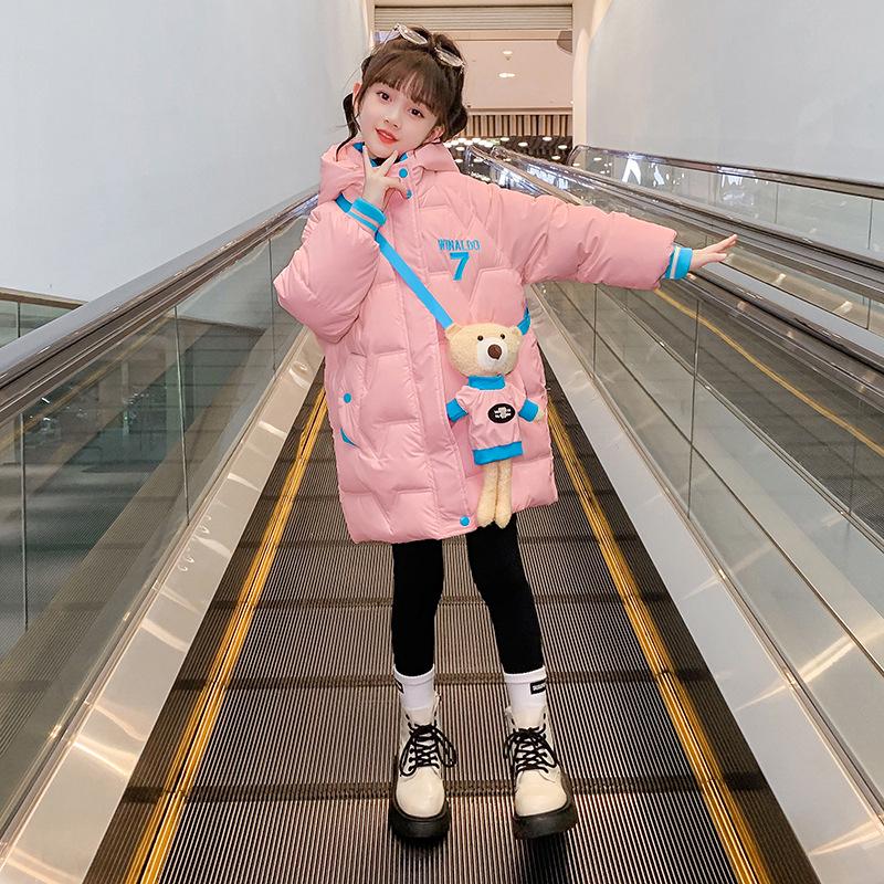 

Зимнее пальто из хлопка и бархата для девочек 2023 года — модное, не требующее стирки и утепленное 120cm розовый