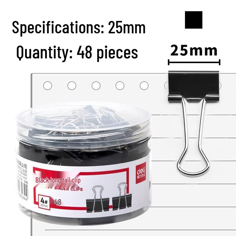 Deli 25mm Black Binder Clips, 48-Count