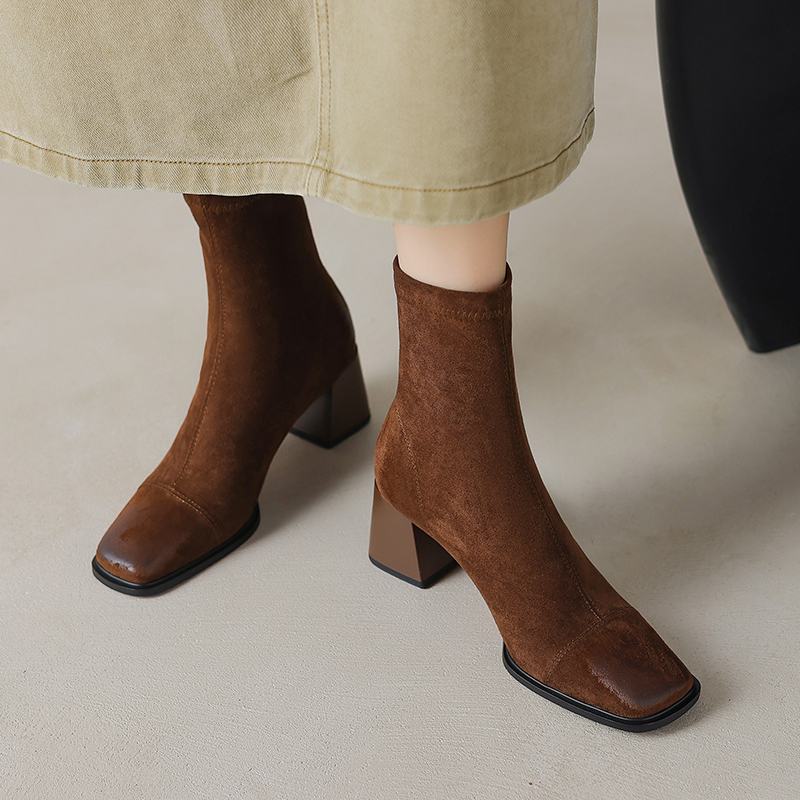 Krazing Pot Microfiber Flock Square Toe Winter Thick High Heels Fashion Boots Women Size 42 Elegant Patch Work Ankle Boots