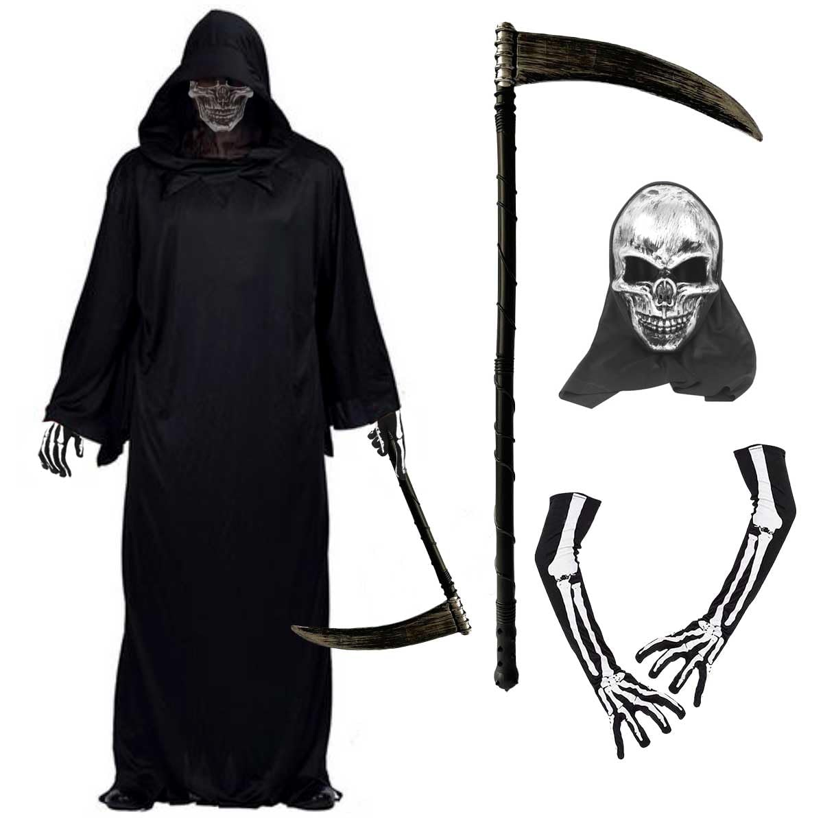 

Костюм плаща Косплея Мрачного Жнеца с маской и Хэллоуин Костюм Скелета Ужаса Набор [monoii] Коса, Реквизит, Маска, (d390) чёрный