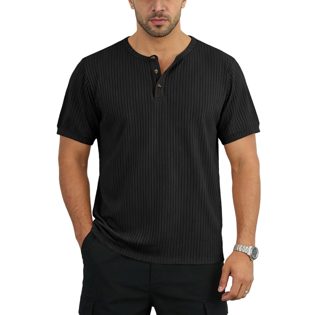 Men's Summer Short Sleeve Henley Shirt Ribbed Texture Button Front Casual Breathable Lightweight T-Shirt