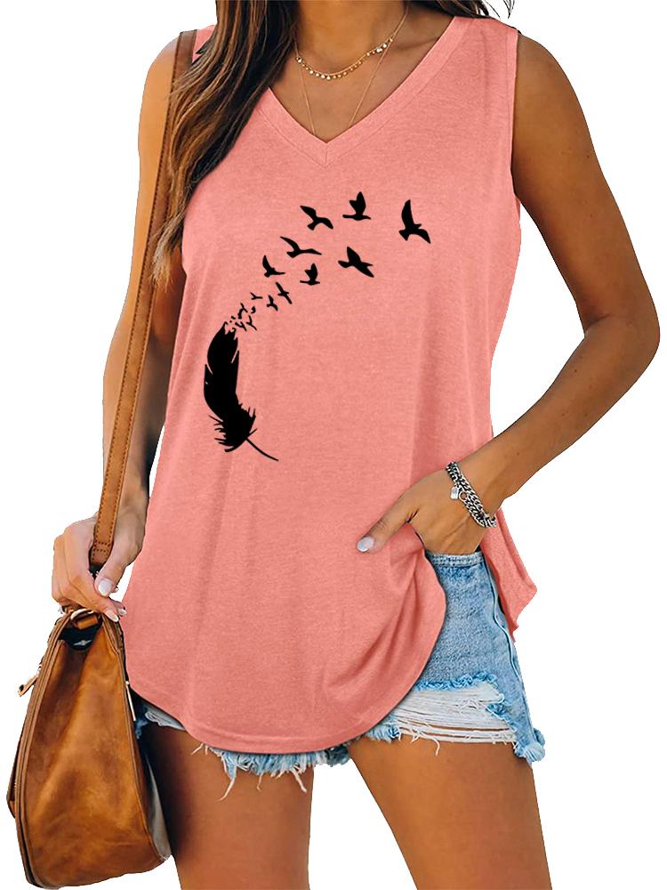 Women Fashion V Neck Tank Top Summer Casual Printed Sleeveless Top