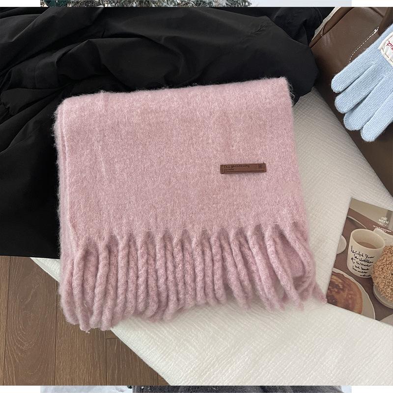 Wool Blended Solid Color Scarf Ice Blue Women's 24 Winter Atmosphere Warm Fringed Scarf