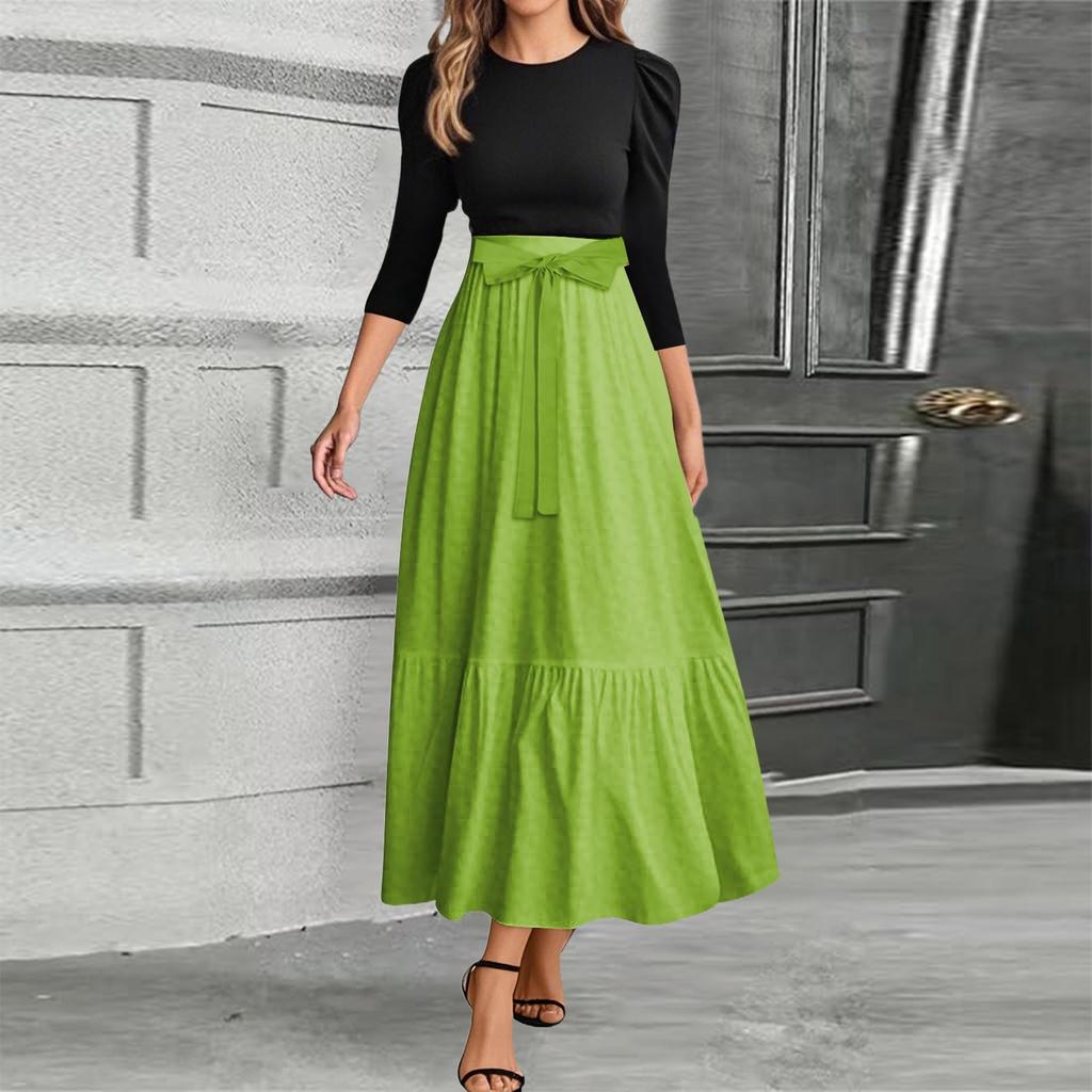 Women's Fashion Casual Belt Round Neck Solid Color Splicing Elegant Temperament Three-quarter Sleeve Dress