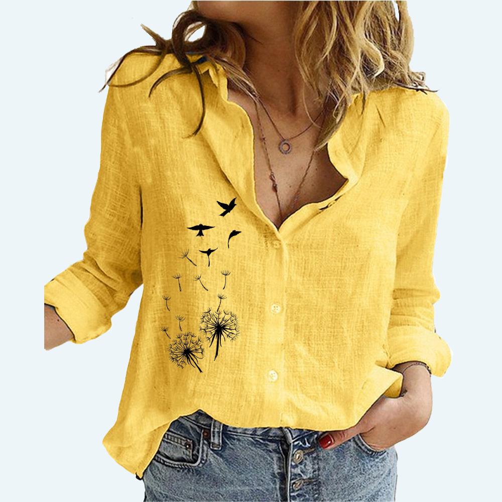 Women Fashion Long Sleeve T-shirt Summer&autumn Lapel Neck Cotton Linen Loose Top Female Casual Floral Print Buttoned Blouses