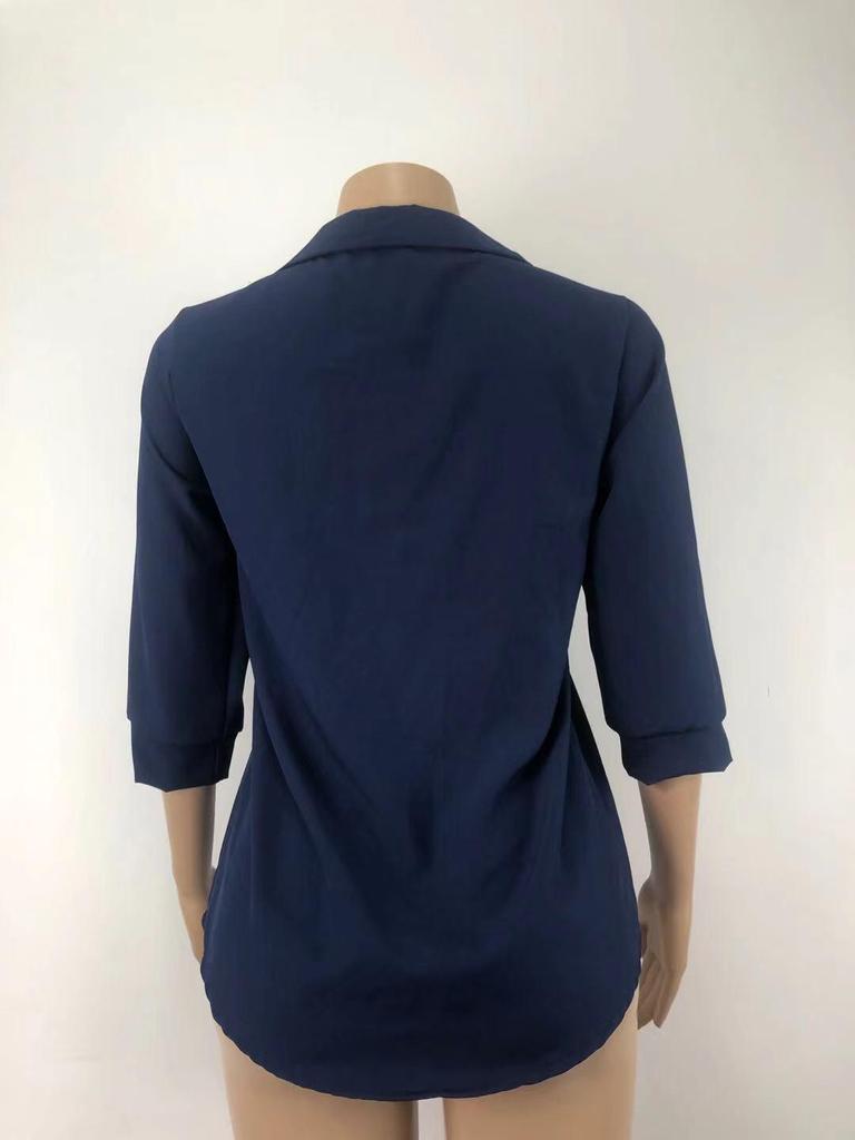 2025 Elegant Chiffon V-Neck Women's Shirt - Three-Quarter Sleeves, Solid Color