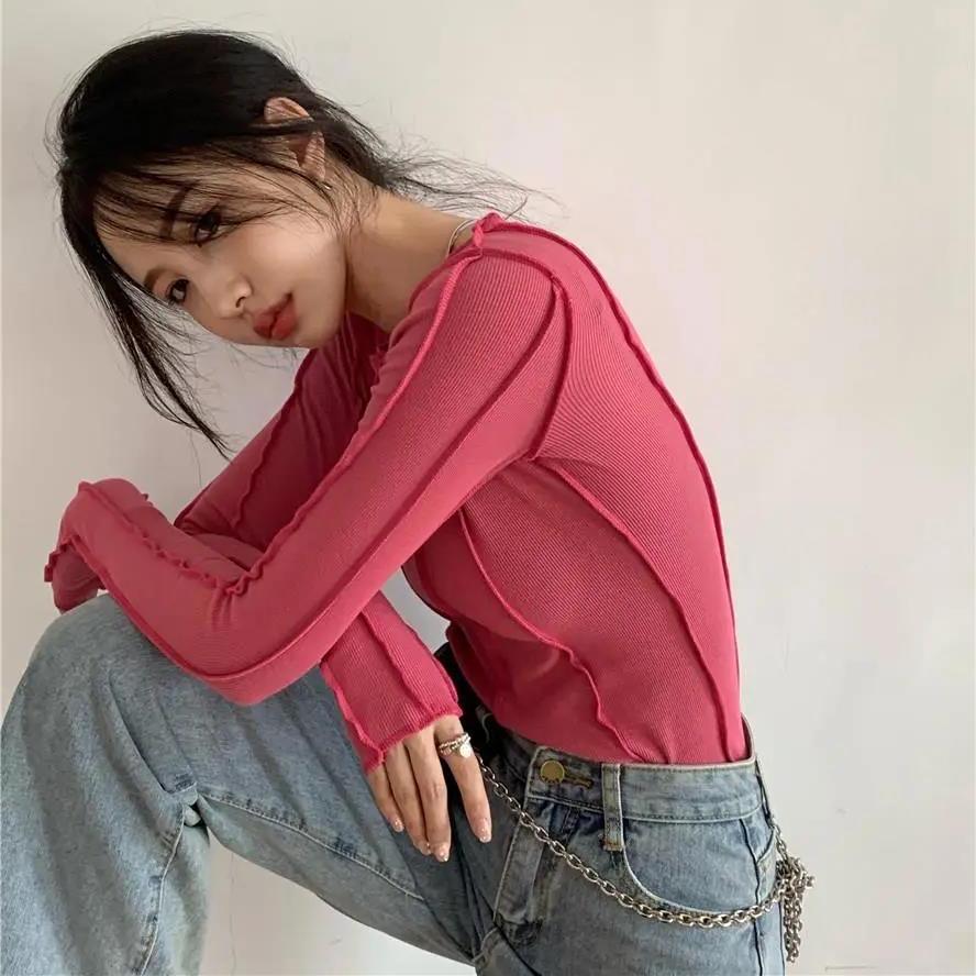 Tricouri cu coaste de modă coreeană Tricouri subțiri cu mâneci lungi șic, haine de designer Kpop, topuri solide, strânse, Y2k