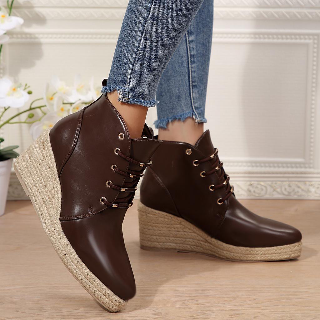 Wedge Heel Thick-soled Pointed Short Boots Solid Color Front Lace-up Straw Hemp Rope Bottom
