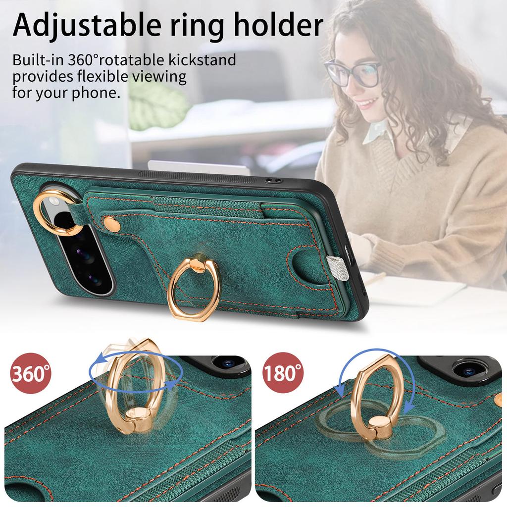 Dla Google Pixel 10 Pro XL Pokrowiec na tył telefonu z retro skóry z przegródkami na karty i uchwytem pierścieniowym