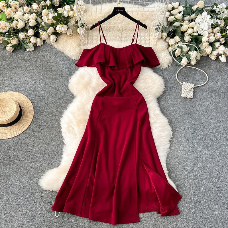 

Strapless Sexy Sweet Lotus Leaf off-Neck Dress Burgundy S