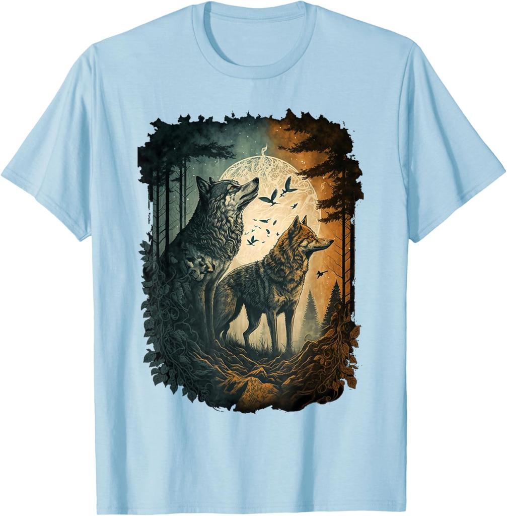 Wolf Howling Moon Forest Graphic Tee Men Women Casual Cotton Crew Neck T-Shirt Spring Autumn