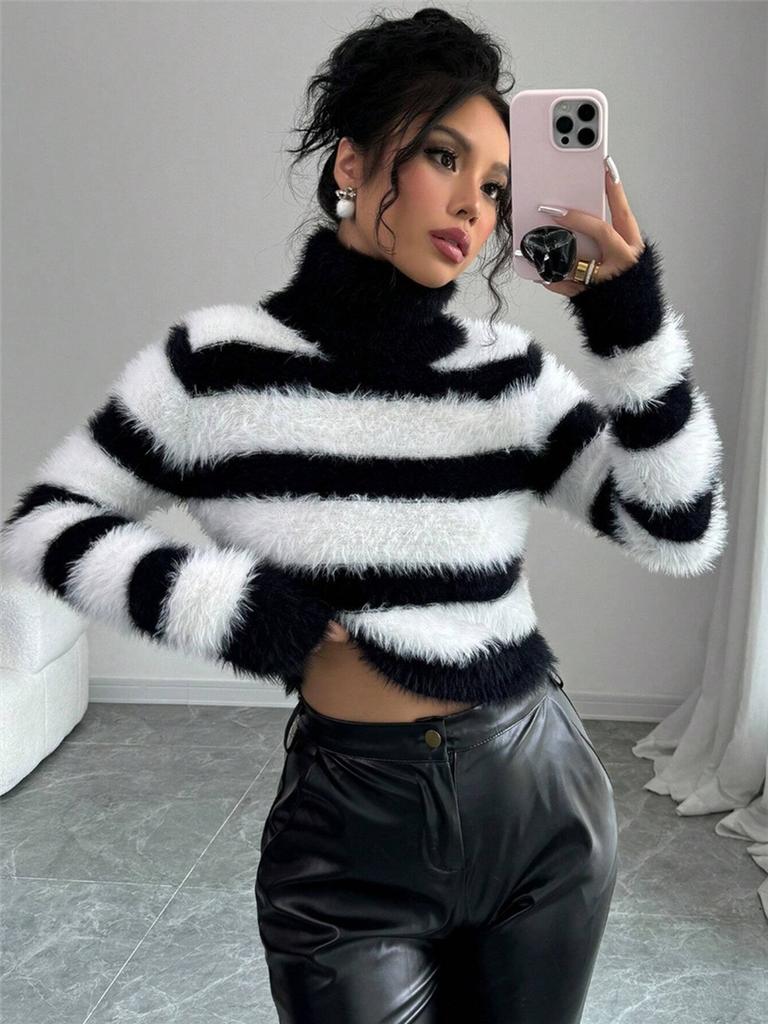 Fall Winter New Women's High Neck Striped Knit Sweater Top Ribbed Pullover