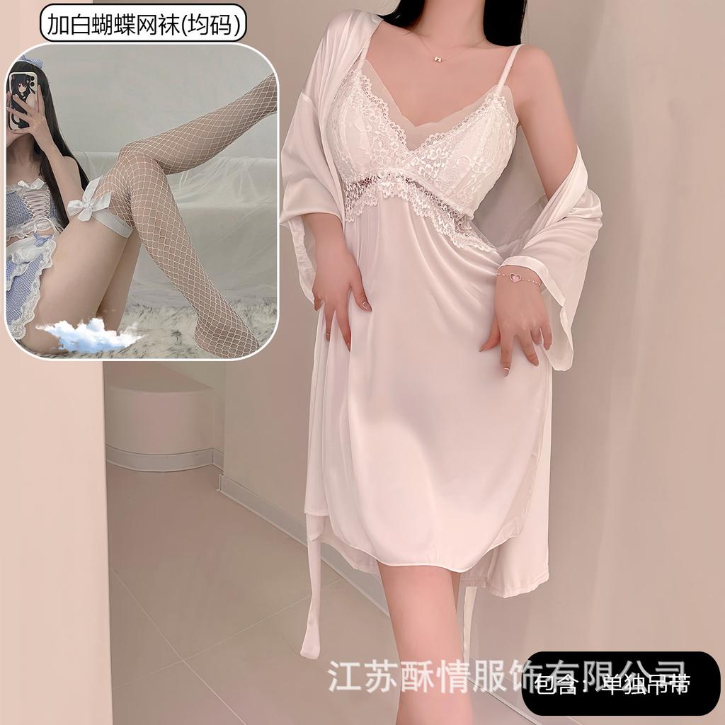Spring and Summer Sexy Nightdress Lace Temptation V-neck Gathering Ice Silk Suspender Nightdress Backless Chest Pad Suspender Nightdress Set