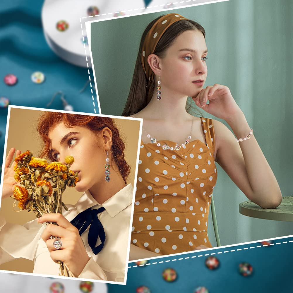 PH PandaHall Set of About 100 Cabochons 12mm Floral Pattern Rainbow Color Glass Cabochon Round Beads Mixed Circular Magnifying Lens Effect Accessory