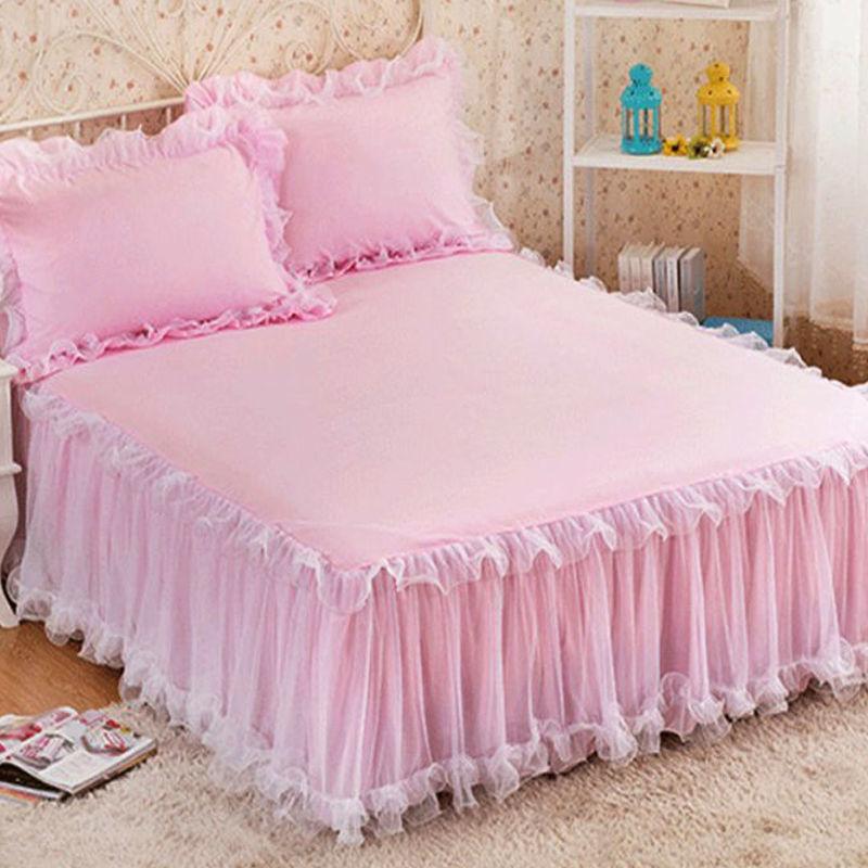 3 Pink Lace Bed Skirts Ruffle Edge Mesh Protective Bedspread Thickened Anti Slip and Dustproof Bed Sheets and Pillowcases