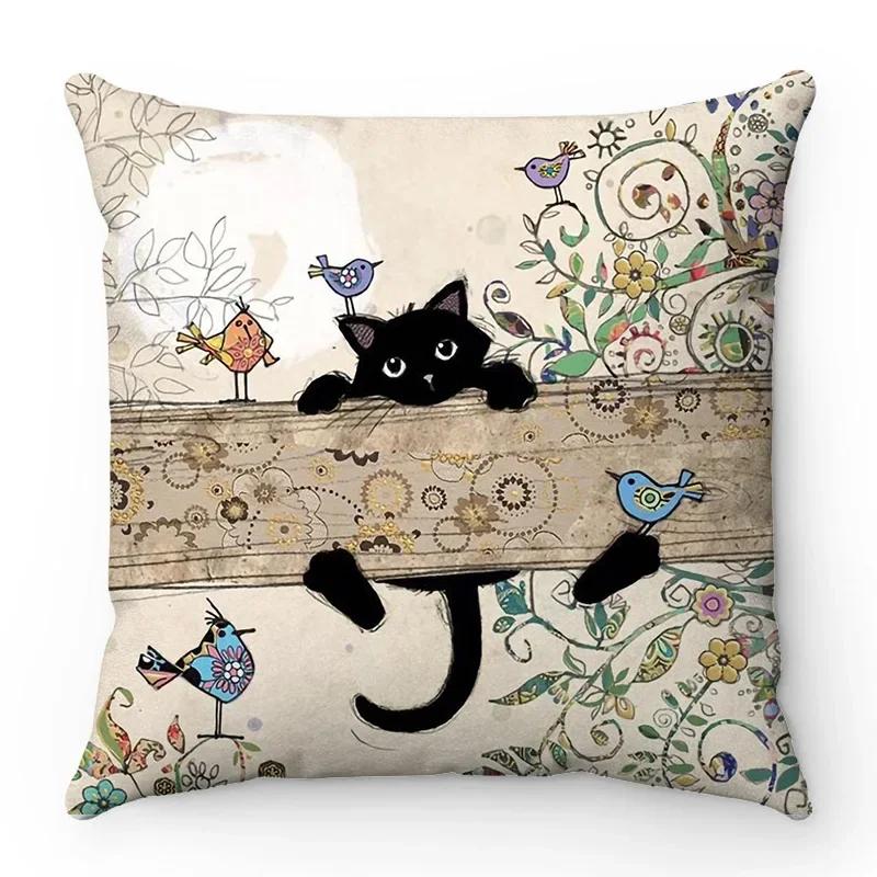 Retro black cat cartoon anime cat French decorative bedroom sofa seat car restaurant study room pillow sleeve pillowcase