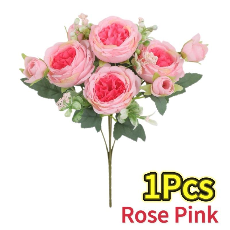 Hot Selling 30cm Rose Pink Silk Bouquet Peony Artificial Flower 5 Big Head 4 Small Bud Bride Wedding Home Party Decorations