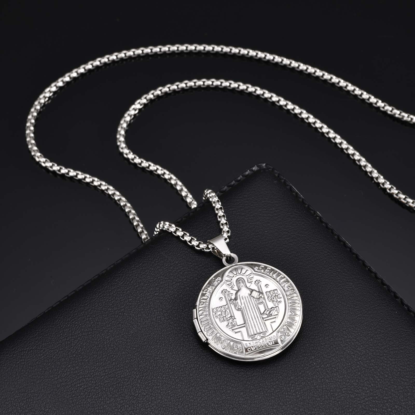 

Saint Benedict Stainless Steel Pendant Necklace, Free Customize Photo Round Locket Necklace, Religious Jewelry for Women Men 60cm