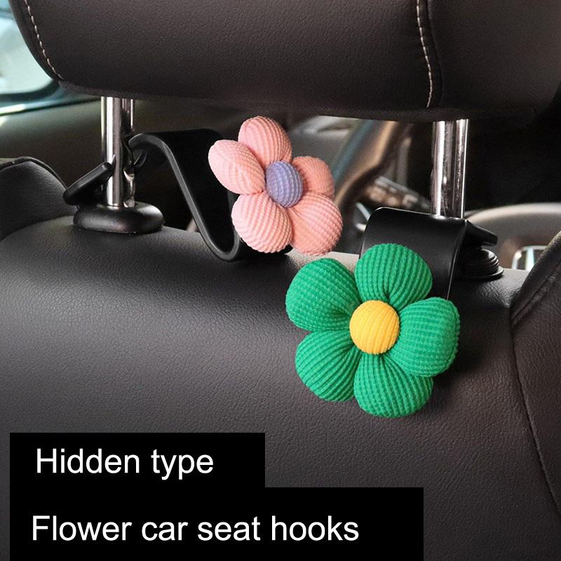 2PCS Cute Cartoon Flower Car Seat Back Hooks Storage Vehicle Headrest Organizer Hanger for Groceries Bag Handbag Auto Decor