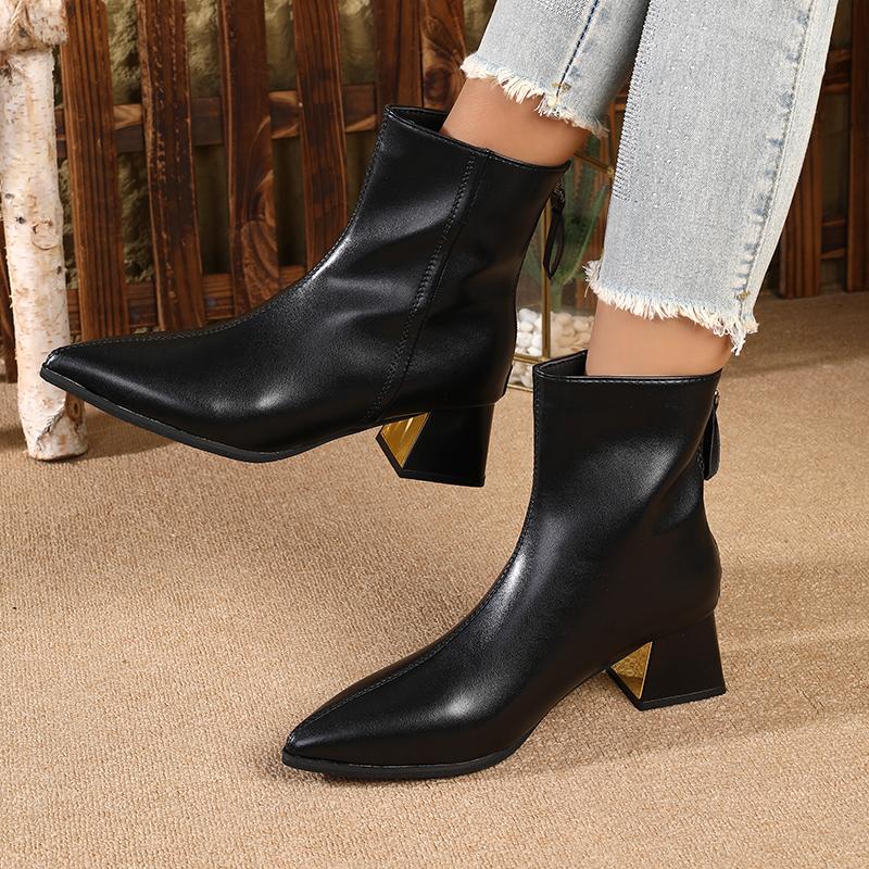 Winter New Women'S French Retro Ankle Boots, Plush Lined Pointed Toe Chunky Heel Booties, Leather Zipper Boots Slimming