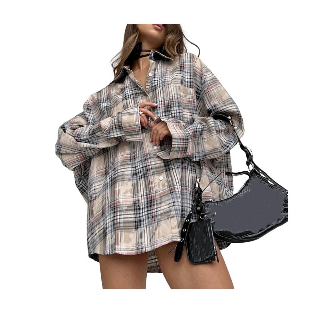 

Женская рубашка с лацканами и длинным рукавом в клетку в стиле ретро, ​​рубашка с принтом, топы, однобортный свободный крой, повседневная куртка, повседневная одежда M хаки