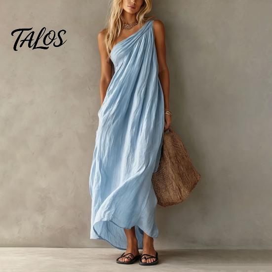 Talos Women's Summer One Shoulder Beach Sundress, Pleated A-line Flowy Long Dress, Casual Loose Travel Vacation Dress