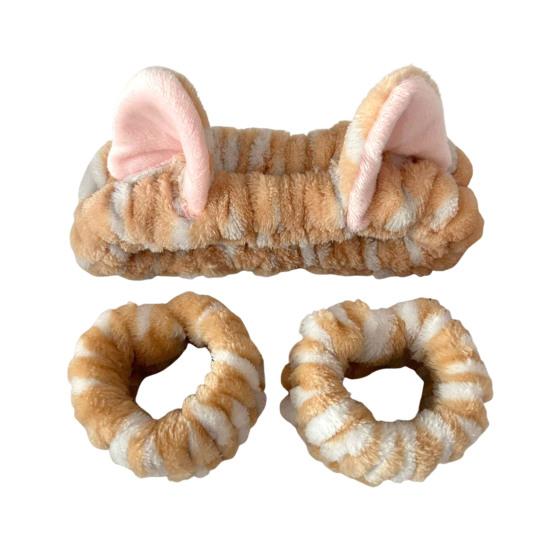 2Pcs/Set Women Hairband Wristband Set Cartoon Cat Ear Decor Soft Breathable Fabric Headband Wristband Set