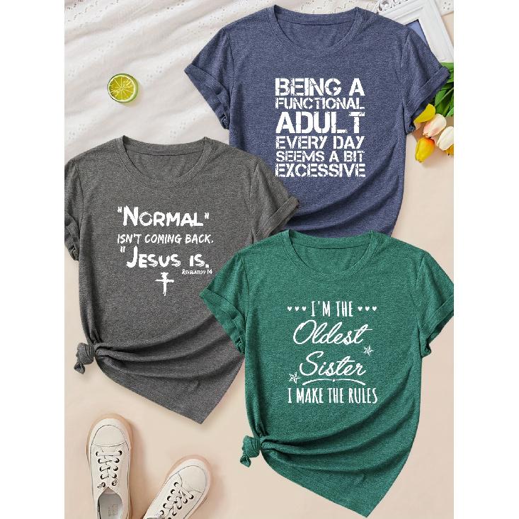 Fashionable ladies elegant style, simple artistic letter combination gift print pattern, round neck3Short-sleeved shirt T Shirts for women in S