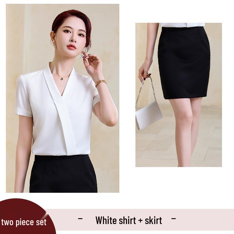 Women's Blue V-Neck Short-Sleeve Blouse - 2025 Summer Professional Wear