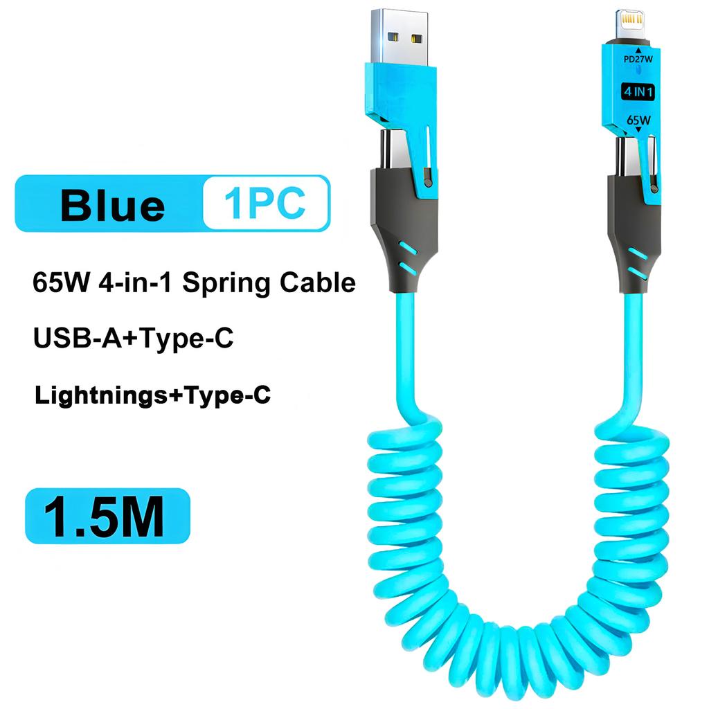 4-in-1 Coiled USB C Cable for Car [240W Fast Charging] USB C to L/Type C/USB A Cable Charger for iPhone15 14 13 12 /iPad Android