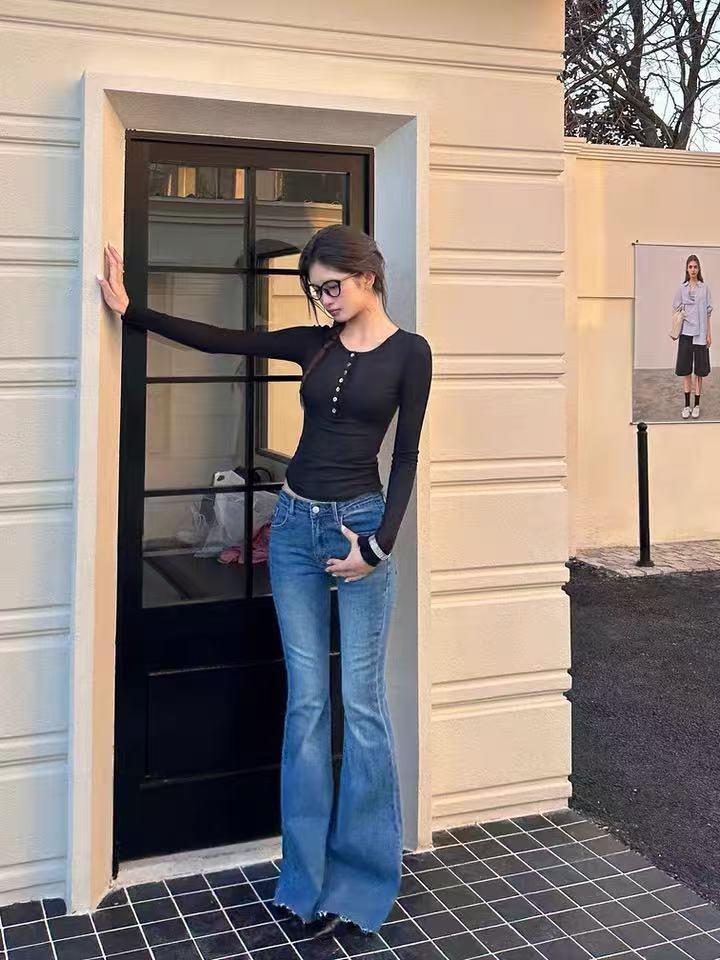 Women's High Waist Flared Wide Leg Jeans - Retro Horseshoe Design for Autumn/Winter