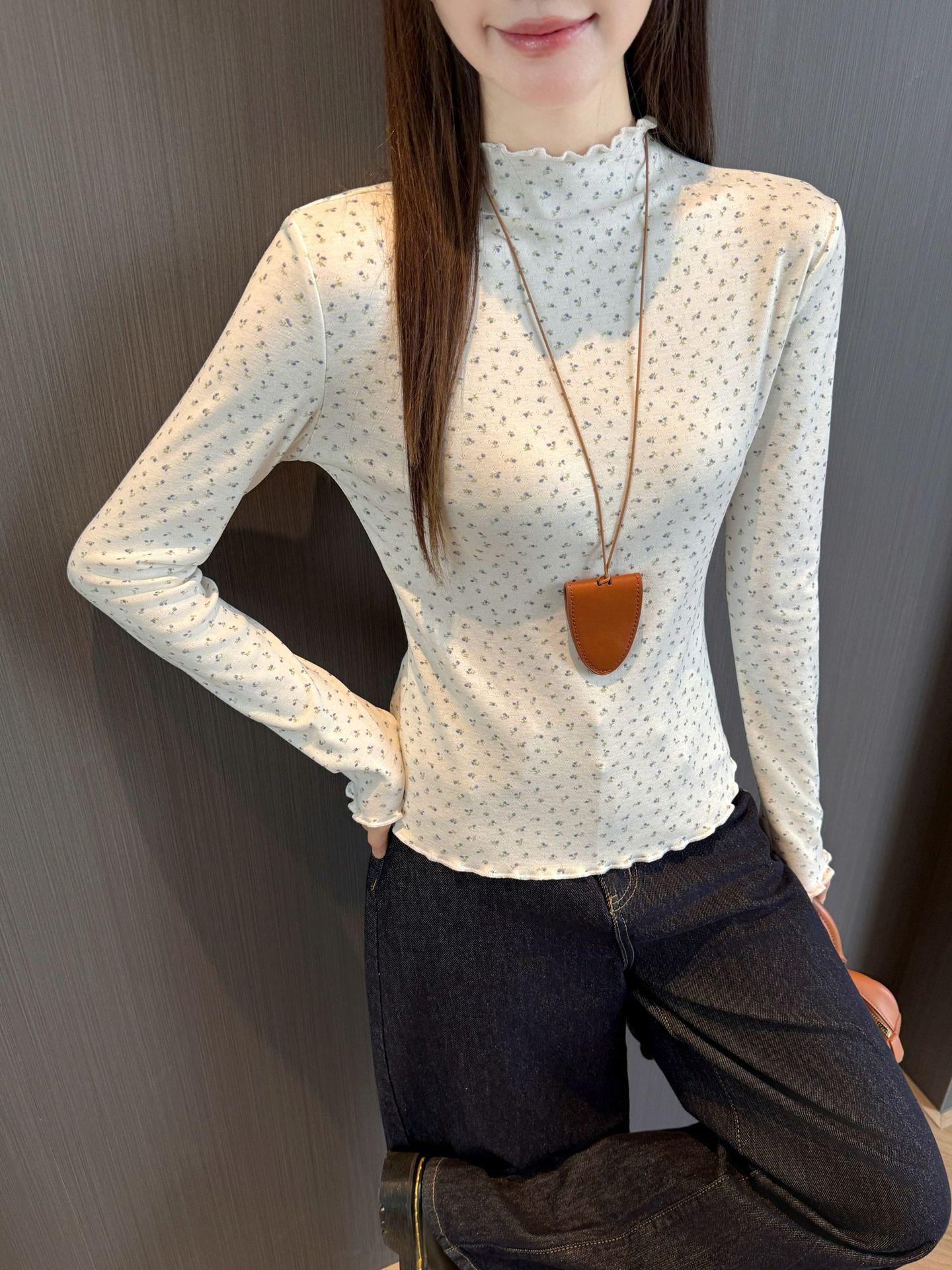 Women s Slimming High Neck Floral Long Sleeve T-Shirt - Early Spring Collection 2026 Large белый