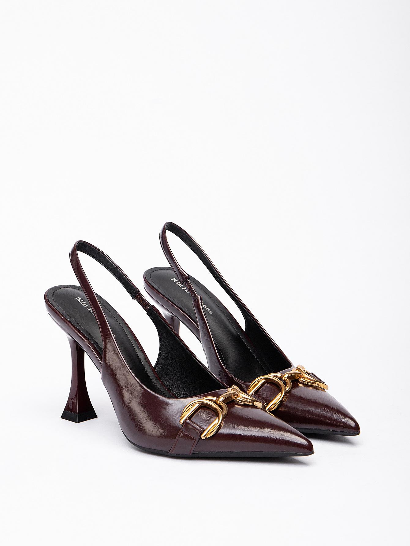 

7199-5 Новые европейские и американские туфли-лодочки на высоком каблуке с острым носком и металлической квадратной пряжкой большого размера, с задним ремешком, женские модные туфли-лодочки на шпильке 40 бордовый