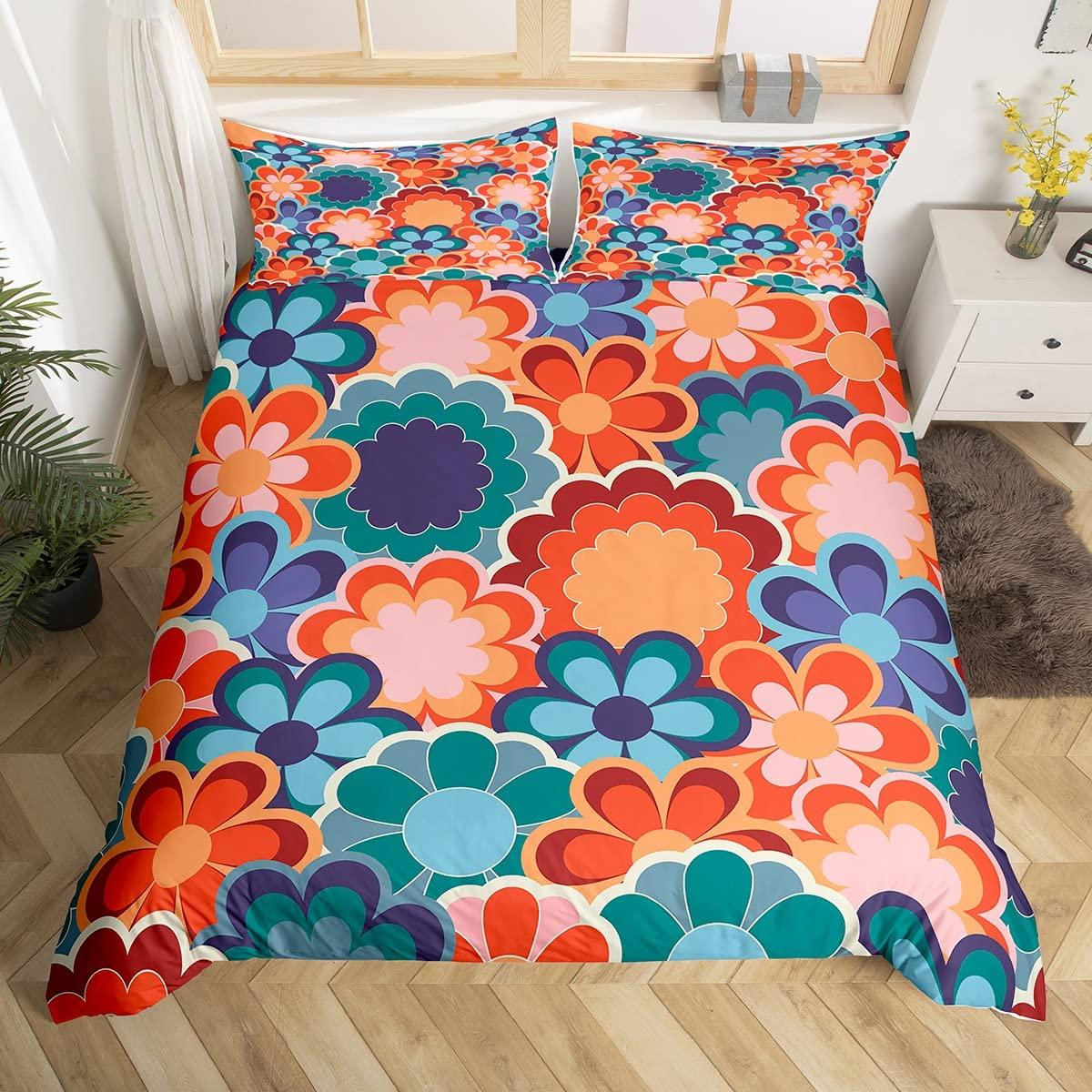

Groovy Comforter Cover Queen Retro Hippie Flower Bedding Set Aesthetic Psychedelic Floral Duvet Cover Boho Botanical Quilt Cover 220*240cm 3pcs