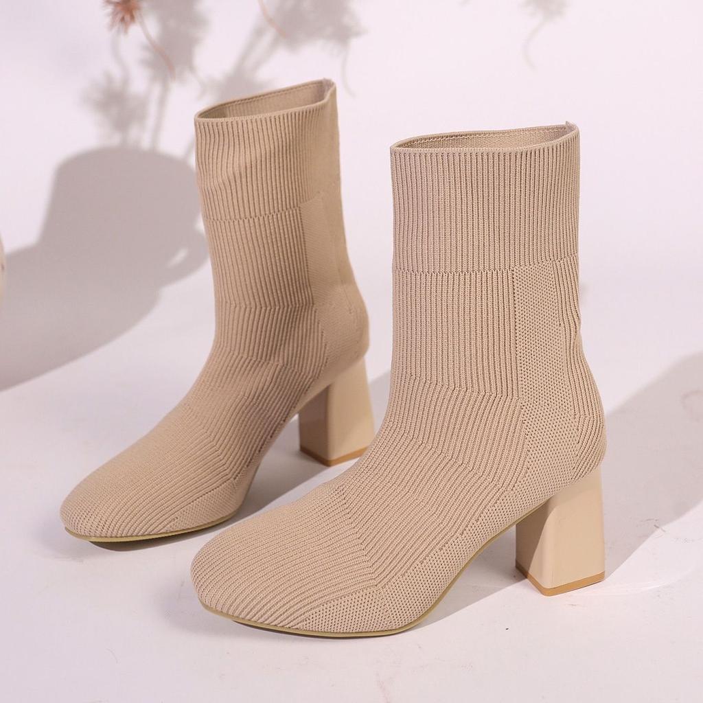 Spring Autumn Elastic Sock Ankle Boots for Women Square Toe Heeled Booties Trend 2025 Large Size Warm New In Woman Short Shoes