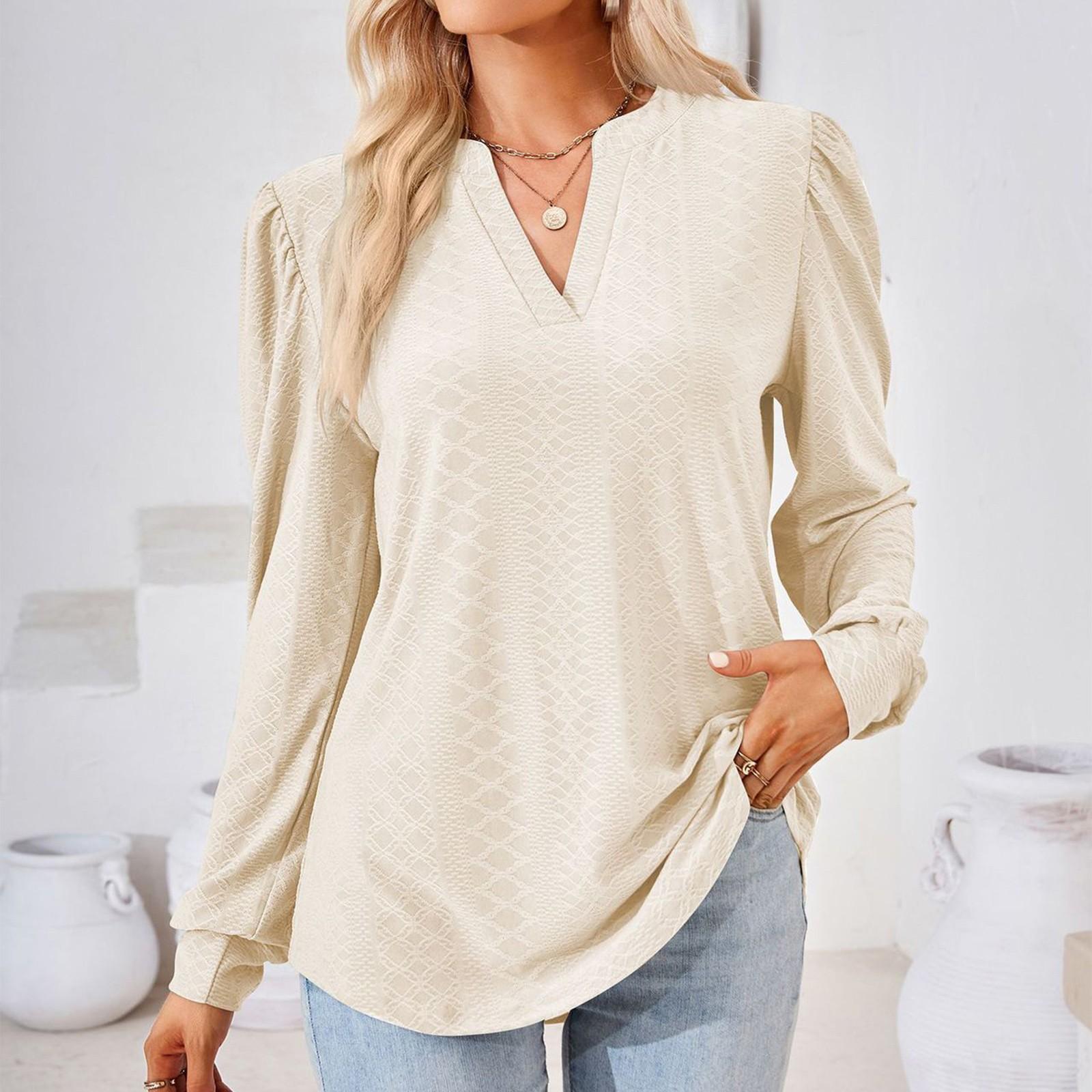 

Женская повседневная однотонная свободная футболка с V-образным вырезом и длинным рукавом, топ-пуловер XL бежевый