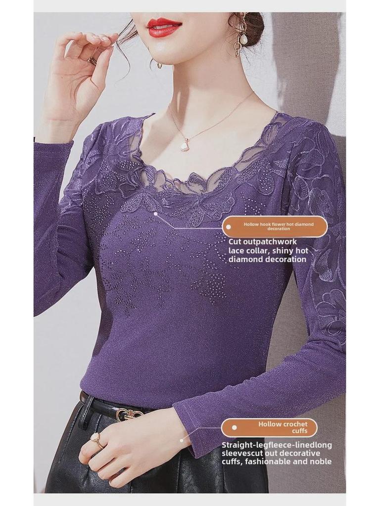 2024 Women's Plus-Size Long Sleeve Lace Mesh Warm Shirt