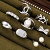 8Pcs/Set Punk Silver Color Bowknot Rings for Women Vintage Imitation Pearl Irregular Leaf Rings Set Jewelry Wholesale