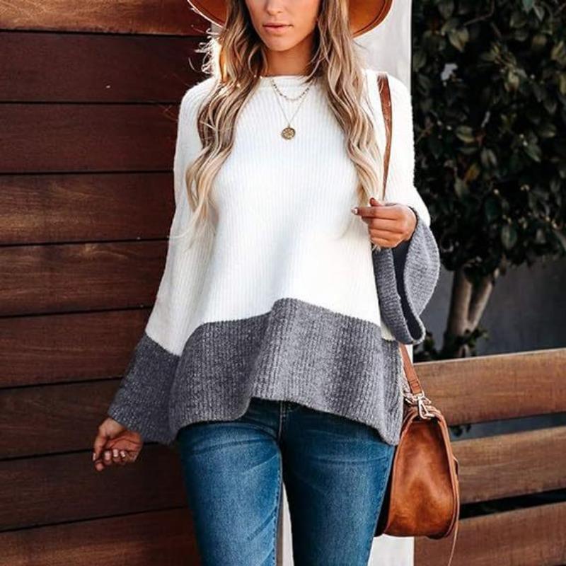 Temperament Pullover Splicing Gray-white Lazy Style High-end Design Sense Long-sleeved Top Knitted Sweater Women