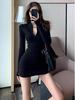 Pure Desire Zippered High-Neck Slim Fit Long Sleeve Bodycon Little Black Dress for Women – Autumn Hot Girl Style