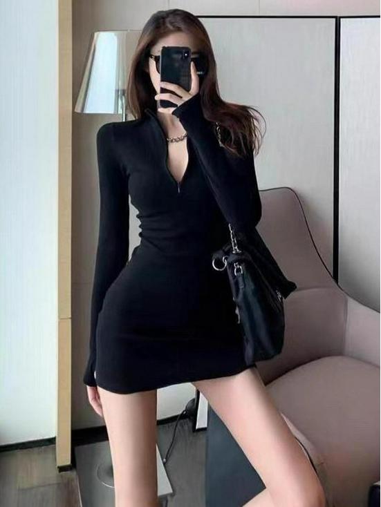Pure Desire Zippered High-Neck Slim Fit Long Sleeve Bodycon Little Black Dress for Women – Autumn Hot Girl Style