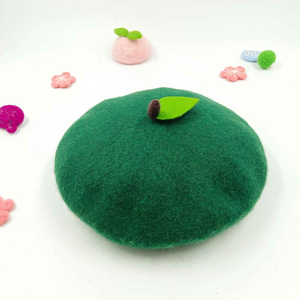 Women's Beret Handmade DIY Fruit Green Apple Painter Hat Cute Girl Little Leaf Woolen Hat Autumn and Winter Outdoor Warm Beanie