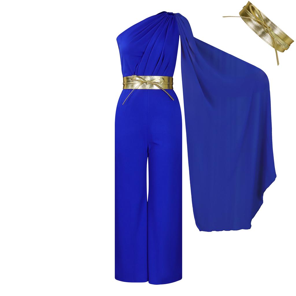 Trousers Women's Spring and Summer New Fashion Temperament Diagonal Neck Splicing Pleated OL High-waisted Jumpsuit